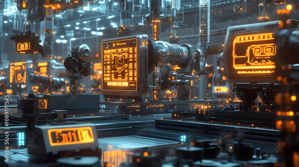 Aufkleber A retro robot factory in 3D, where machines are assembled with glowing 2D overlays of AI schematics. 4k resolution, Cinematic Scene