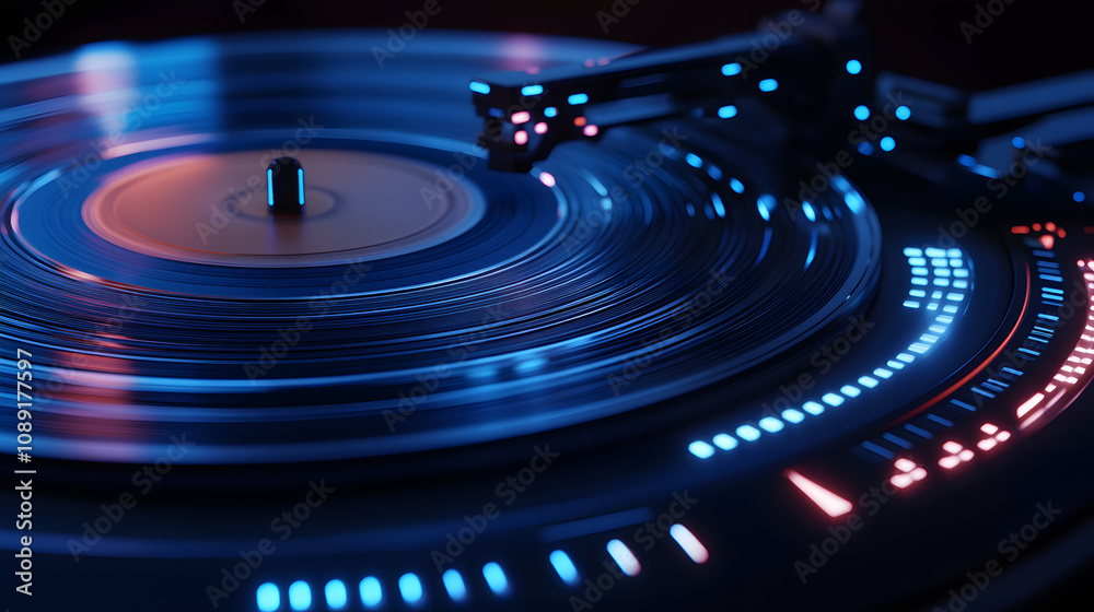 Poster a 3d-rendered digital assistant shaped like a vinyl record player, with 2d animated lights showing a