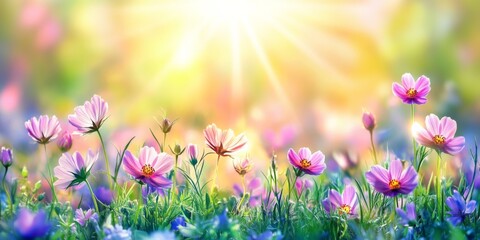 Vibrant landscape with blooming pink and purple flowers surrounded by lush greenery under a golden sun, creating a peaceful scene.