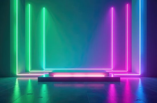 Abstract background with flashing neon lights of green blue white pink violet colors glowing on rectangle lines on shiny reflecting stage
