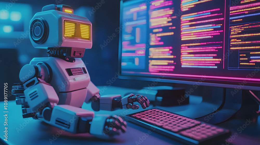 Poster A 3D robot operating a 90s-themed desktop computer, with layered 2D effects representing real-time data processing. 4k resolution, Cinematic Scene