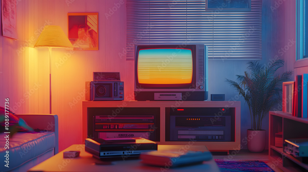 Poster A nostalgic living room scene with a VHS player connected to an AI-enhanced system, rendered in 3D and overlaid with 2D visuals. 4k resolution, Cinematic Scene
