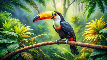 Fototapeta premium Vibrant Toucan Perched on a Branch Surrounded by Lush Green Tropical Foliage in an Enchanting Rainforest Setting with Soft Sunlight Filtering Through the Trees