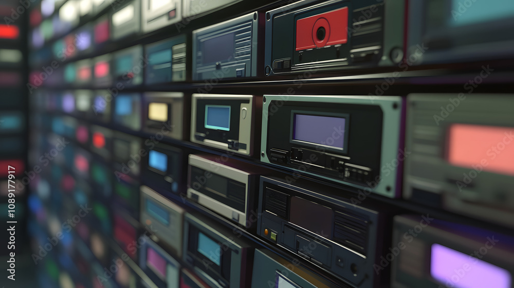 Poster a cassette collection displayed on a 3d-rendered shelf, with 2d holographic tags showcasing ai-power