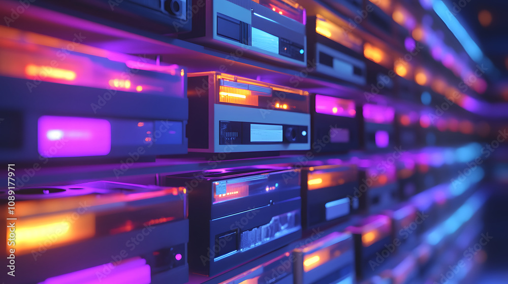 Poster A cassette collection displayed on a 3D-rendered shelf, with 2D holographic tags showcasing AI-powered organization features. 4k resolution, Cinematic Scene