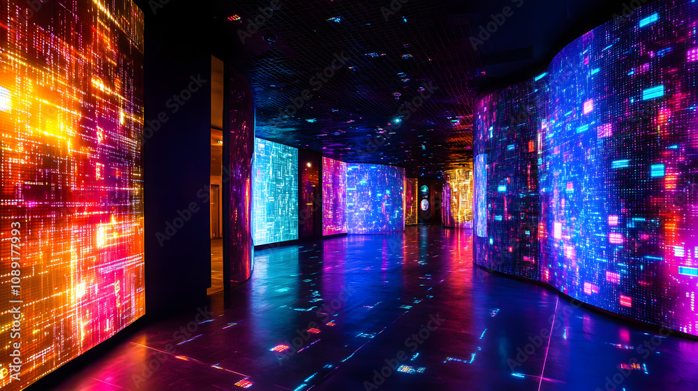 Poster A 3D depiction of a disco-inspired AI laboratory, with 2D glowing lights and patterns mimicking data streams. 4k resolution, Cinematic Scene