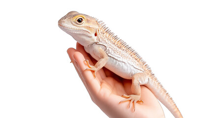 Naklejka premium A person holding a bearded dragon on their hand. Transparent background.