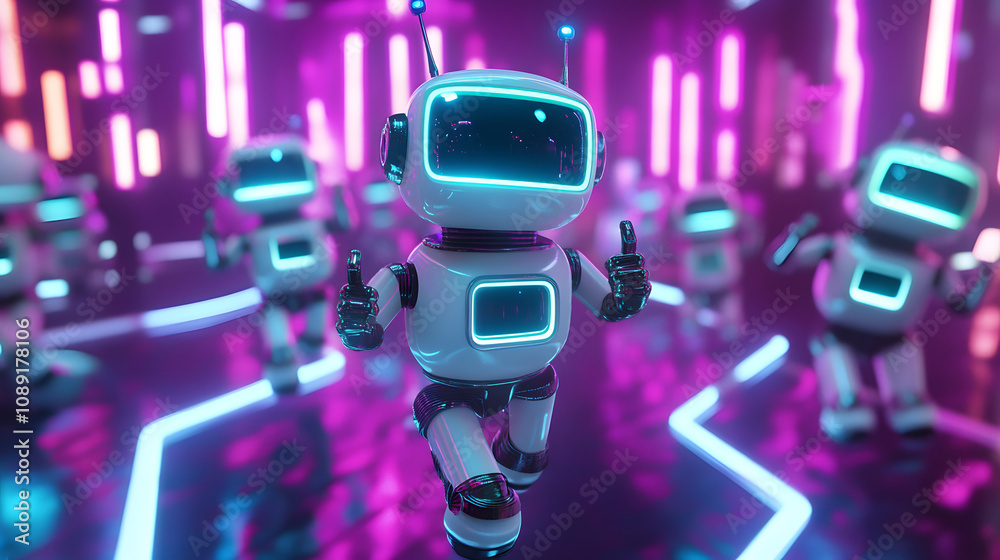 Poster A group of retro-style AI robots dancing at a vibrant 80s party, rendered in 3D and surrounded by 2D glowing effects. 4k resolution, Cinematic Scene
