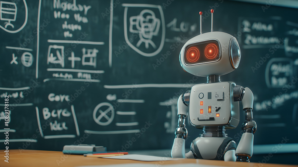 Aufkleber A nostalgic classroom with a 3D teacher robot, layered with 2D holograms of AI concepts on floating chalkboards. 4k resolution, Cinematic Scene