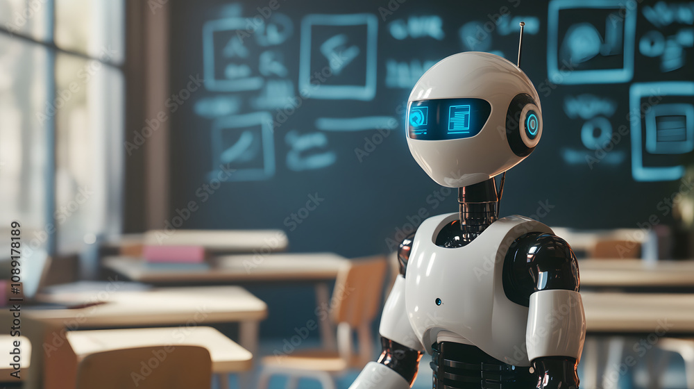 Aufkleber A nostalgic classroom with a 3D teacher robot, layered with 2D holograms of AI concepts on floating chalkboards. 4k resolution, Cinematic Scene
