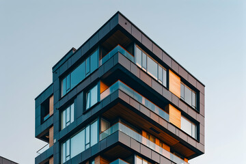 Obraz premium Modern condo building with glass facades against a clear sky, highlighting urban elegance.