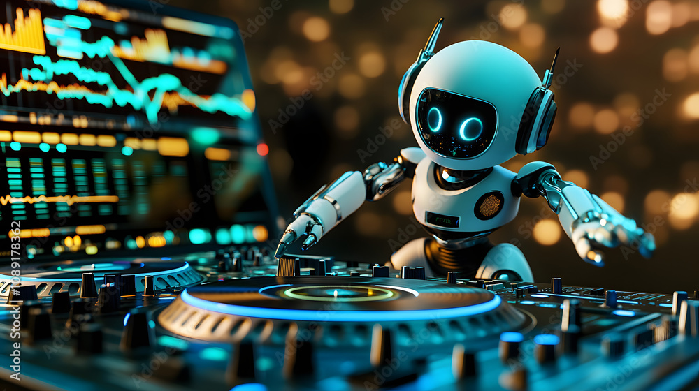 Poster A 3D robot DJ spinning vinyl records at a retro-themed event, surrounded by 2D visualizations of sound waves. 4k resolution, Cinematic Scene