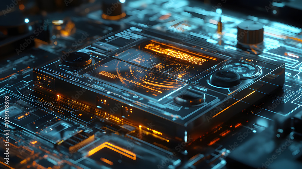 Poster A Walkman connected to a 3D-rendered AI interface, overlaid with 2D holograms showing digital sound processing. 4k resolution, Cinematic Scene
