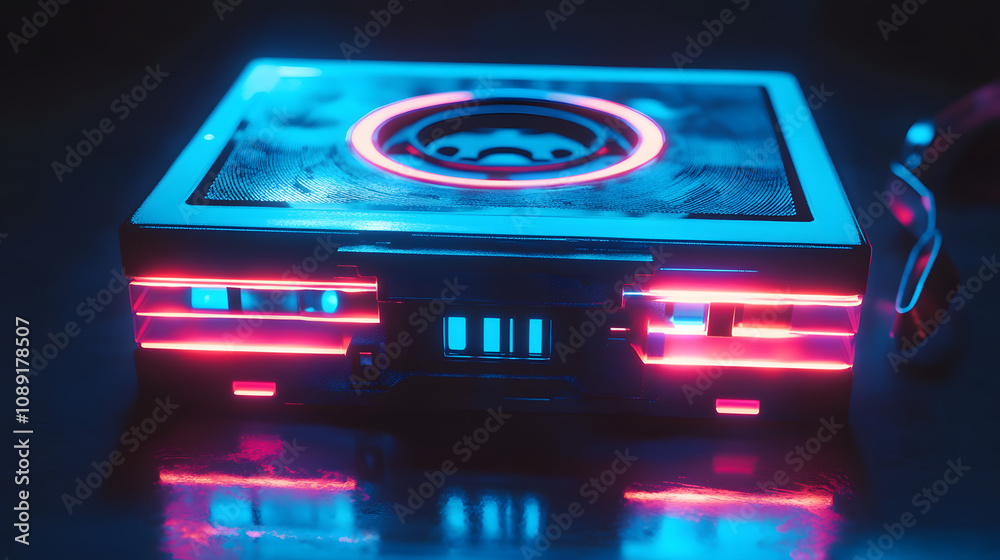 Poster A futuristic cassette tape powered by AI, rendered in 3D with glowing 2D effects symbolizing data playback. 4k resolution, Cinematic Scene