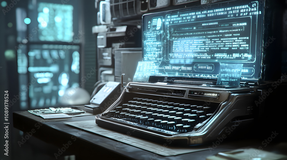 Poster A nostalgic computer lab with a 3D AI-powered typewriter, integrated with 2D holographic displays of text and designs. 4k resolution, Cinematic Scene