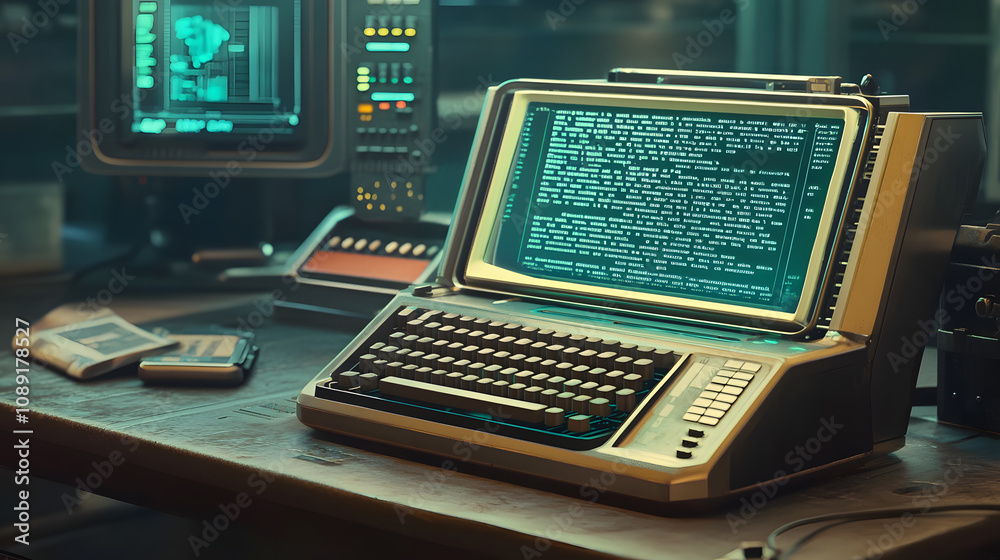 Poster A nostalgic computer lab with a 3D AI-powered typewriter, integrated with 2D holographic displays of text and designs. 4k resolution, Cinematic Scene