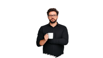 Man holding a white mug, dressed in a black shirt, looking serious. Transparent background.