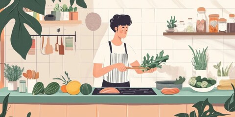 Mindful cooking scene with fresh ingredients, colorful vegetables, and a calm chef, joyful routine,