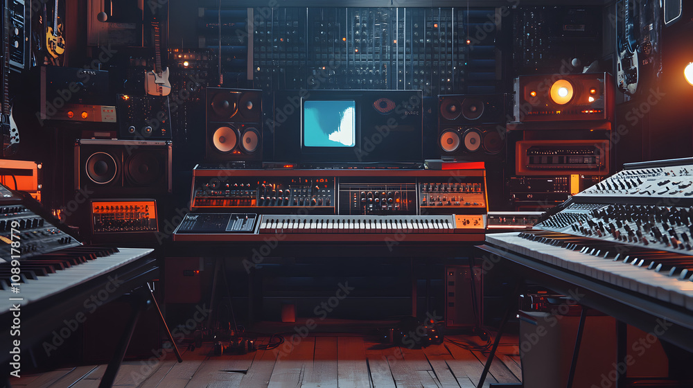 Poster a nostalgic music studio with analog equipment and ai-powered synthesizers, rendered in 3d with 2d v