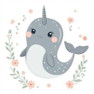 Cute cartoon-style baby gray seal and narwhal vector illustration, pastel colors, simple shapes