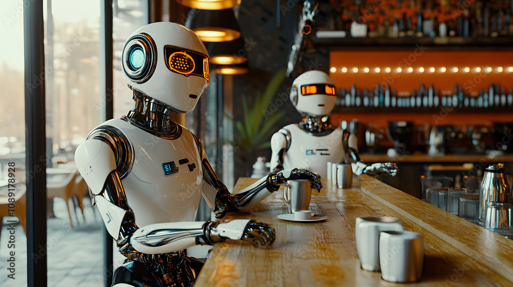 Leinwandbilder A retro cafe scene with AI robots as waiters, rendered in 3D with 2D layers visualizing their interactions with customers. 4k resolution, Cinematic Scene