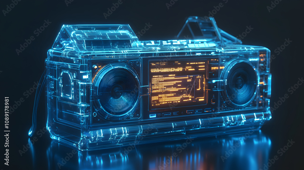 Poster a futuristic digital assistant integrated into a 90s boombox, rendered in 3d with 2d glowing sound d
