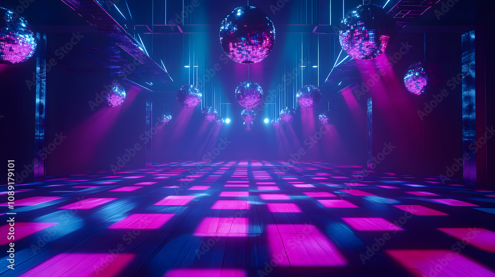Poster A vibrant disco with 70s-inspired AI lighting systems, combining 3D details with 2D animated patterns on the dance floor. 4k resolution, Cinematic Scene