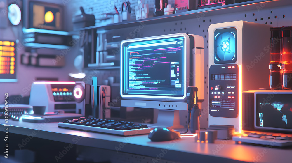Poster a nostalgic computer repair shop with vintage tech, ai-powered tools rendered in 3d, and glowing 2d 