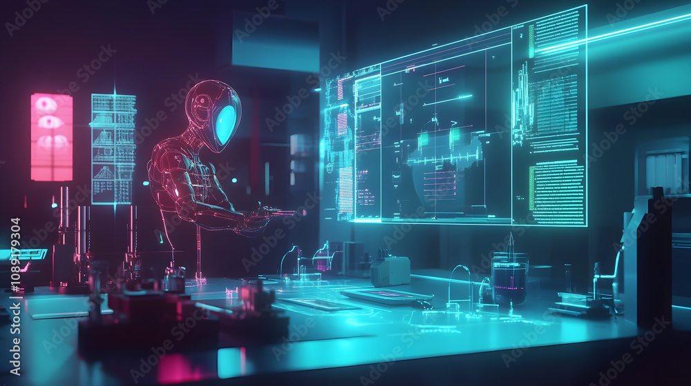 Poster A 70s-inspired AI tech lab with glowing 3D-rendered tools and 2D holographic projections of research data. 4k resolution, Cinematic Scene