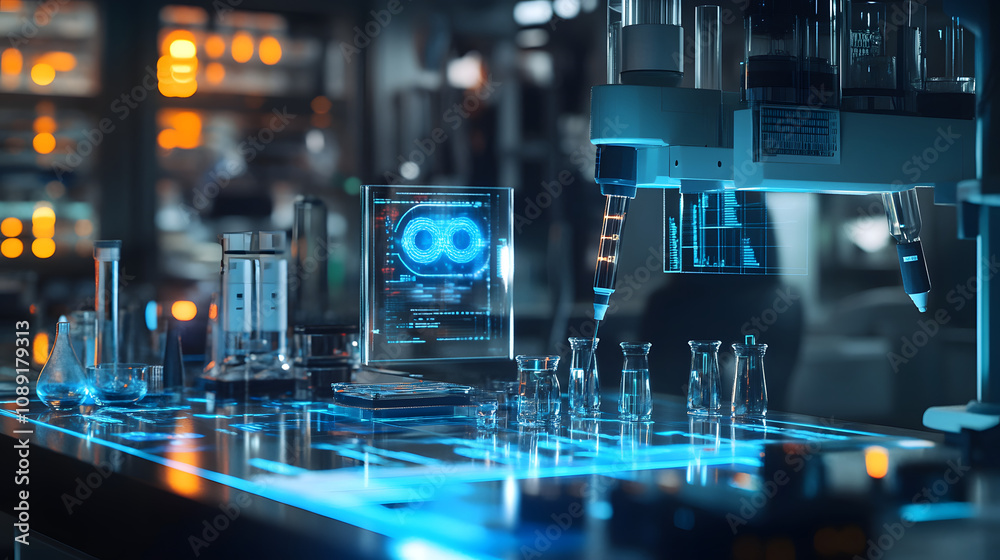 Poster a 70s-inspired ai tech lab with glowing 3d-rendered tools and 2d holographic projections of research