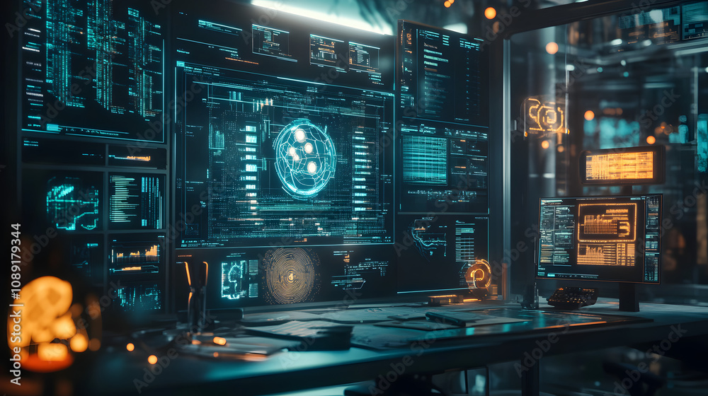 Aufkleber a 70s-inspired ai tech lab with glowing 3d-rendered tools and 2d holographic projections of research