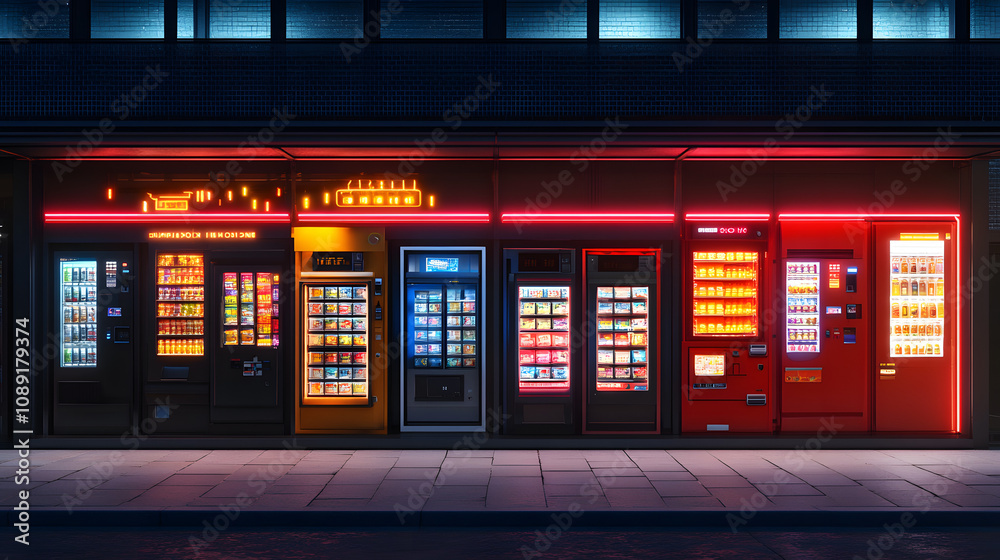 Poster a nostalgic urban street scene with ai-powered vending machines, rendered in 3d and enhanced with 2d