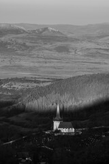 Black and white photo church from Transylvania, Cluj County, Valeni, Romania.
