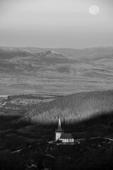 Church in black and white from Transylvania. Manastireni, Valeni, Romania.