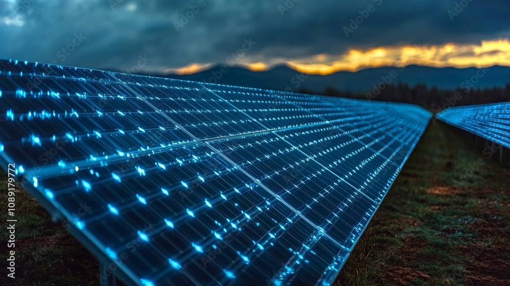 Wall mural modern solar panel array illuminated by holographic technology at sunset in a rural setting