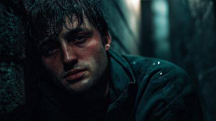 Fototapeta premium Drugs-addicted face under harsh streetlight in alley - Gaunt features, hollow eyes, chapped lips, tense jaw, gritty urban style