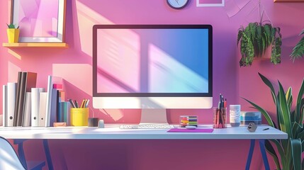 Sunlit Pink Workspace with Computer, Plants, and Organized Supplies