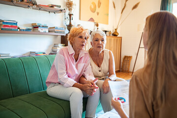 Senior lesbian couple taking to financial advisor at home