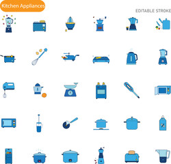 A collection of 30 flatdesign icons depicting various kitchen appliances, including blenders, cookers, kettles, and more. Blue color scheme, editable strokes.