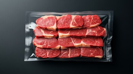 Sliced beef brisket in a vacuum-sealed bag with visible fat marbling on a smooth black backdrop, Photorealistic
