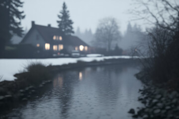 Obraz premium A house is on the side of a river with a foggy, misty atmosphere