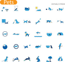 A collection of charming pet icons, including cats, dogs, birds, fish, rabbits, and their activities. Simple, lineart style, editable strokes.
