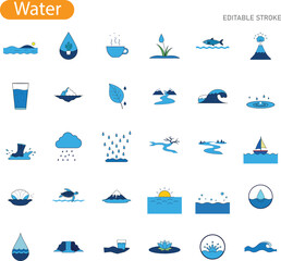Fototapeta premium A collection of 30 diverse waterthemed icons depicting various states, sources, and natural occurrences of water, including rain, rivers, oceans, and more.
