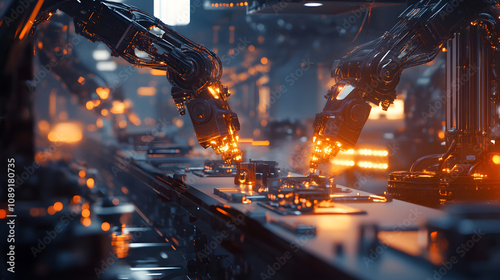 Poster A futuristic assembly line with robotic arms working on glowing metallic components, surrounded by ethereal lights and abstract details. 4k resolution, cinematic scene