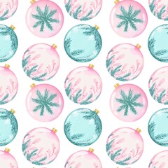 Christmas seamless pattern with pink and green balls, delicate watercolor illustration on white background for your wallpaper, textile or wrapping paper. Decorative elements texture for wallpaper.