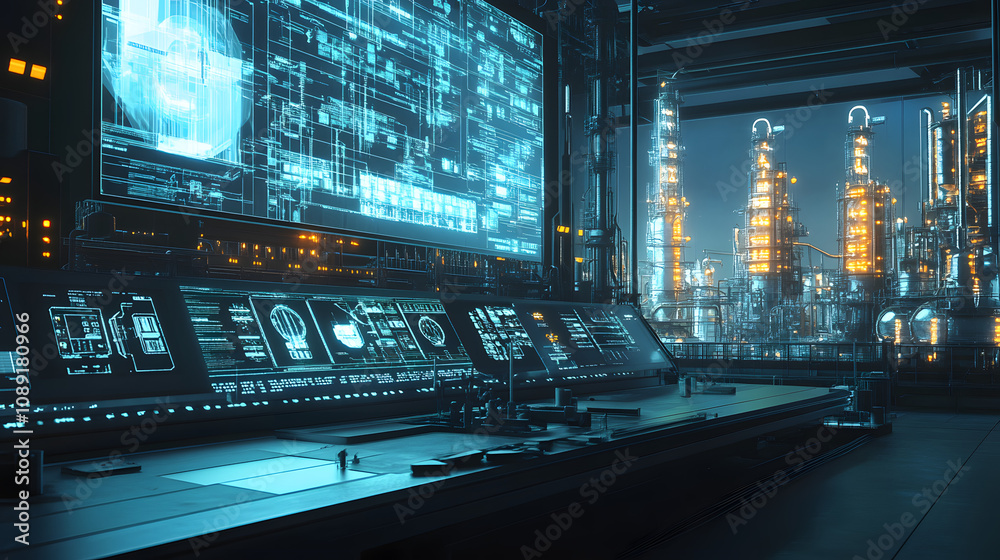 Poster a conceptual rendering of a futuristic refinery with holographic control panels and a surreal, ether