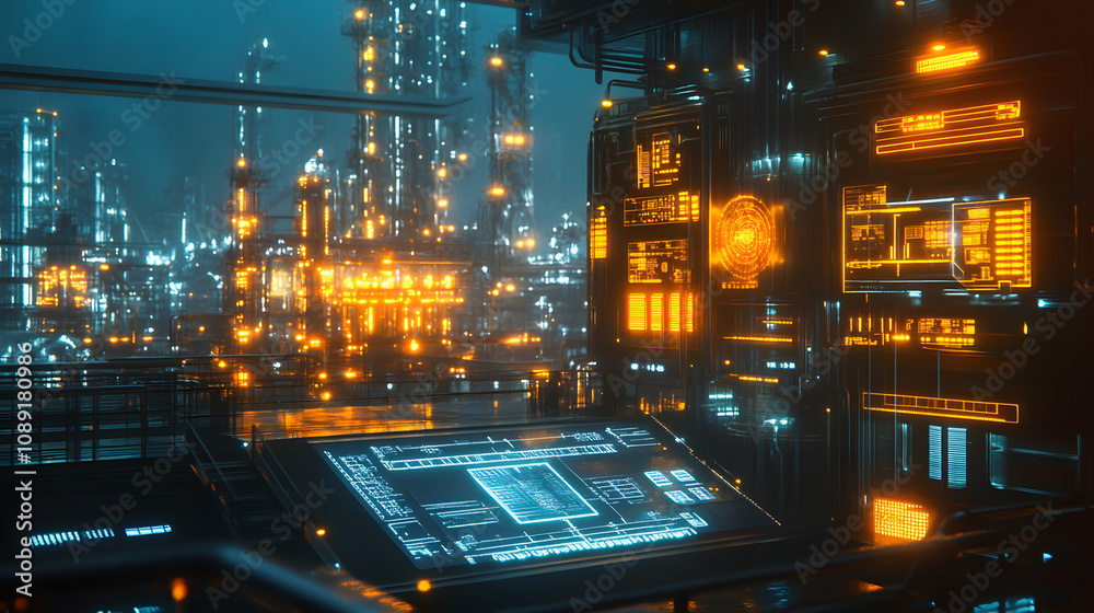 Poster a conceptual rendering of a futuristic refinery with holographic control panels and a surreal, ether