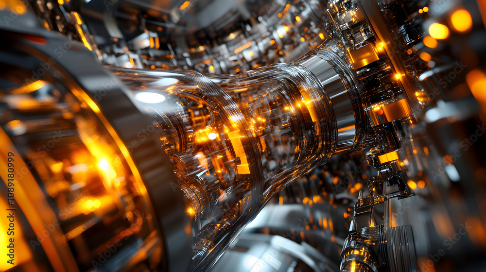 Poster A futuristic machine room with abstract, glowing components and vibrant light patterns reflecting on metallic surfaces. 4k resolution, cinematic scene