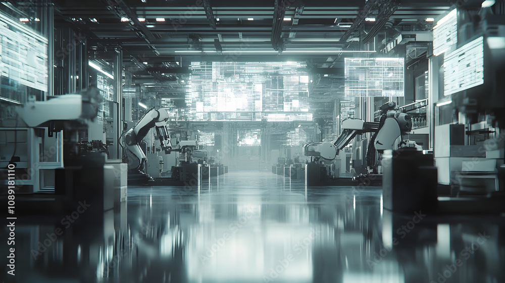 Poster An automated production line in a futuristic setting, with robotic precision and conceptual holographic overlays. 4k resolution, cinematic scene