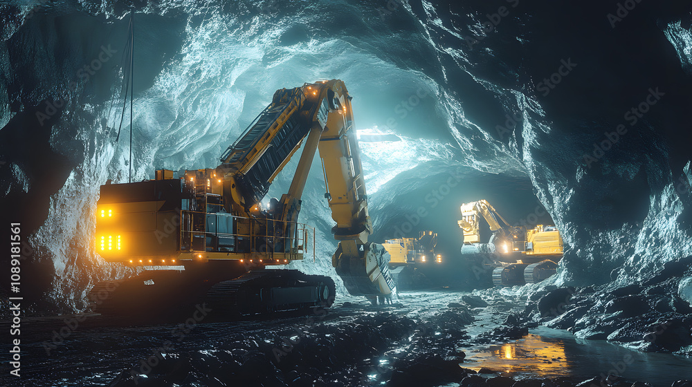 Poster a sci-fi inspired mining operation with luminous, robotic drills working on glowing mineral deposits
